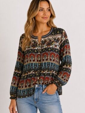ZARA Women Boho Floral Paisley Blouse Size M Viscose Flowy Peasant Top Festival
